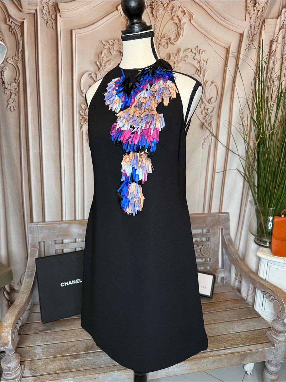 TONY WARD Black Mini Dress with Multicolor Fringe Applique